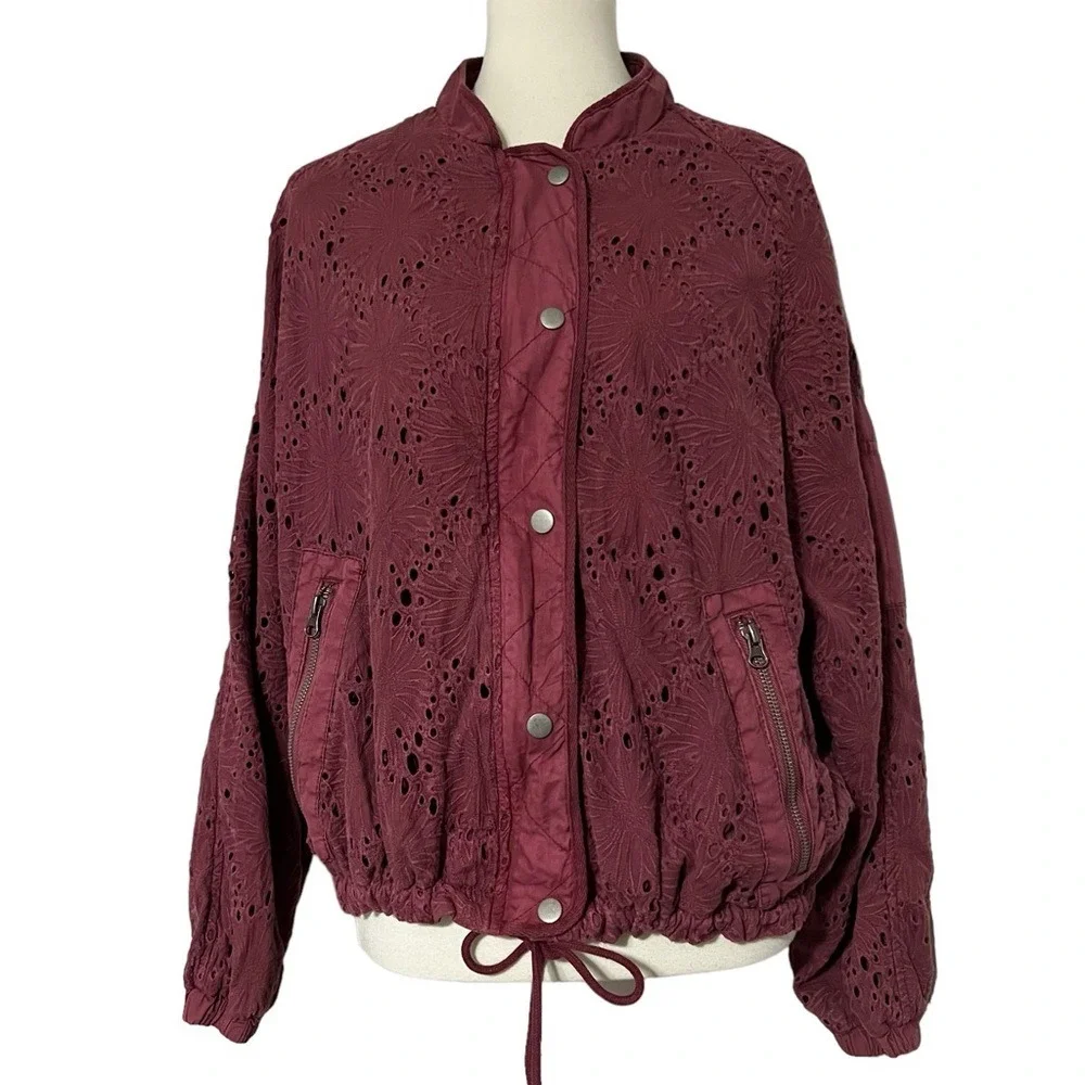 Free People Daisy Jane Eyelet Embroidered Bomber Jacket In Raspberry